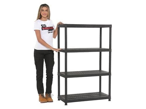 Image of The Workplace Depot Heavy-Duty 4-Tier Plastic Shelving Unit, 65kg Per Shelf, Non-Rusting Black, Tool-Free Assembly for Garage, Workshop & & Home Storage (4 Shelf (1400mm))