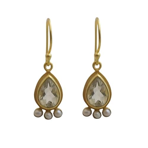 Image of Green Amethyst and Freshwater Pearl Gold Plated Sterling Silver Drop and Dangle Earrings - Birthday Gift Handmade Natural Gemstone Jewellery Gift Ideas for Women (prasiolite-quartz)