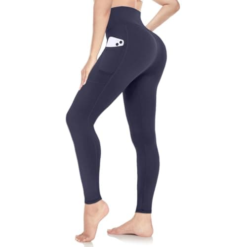 Image of ACTINPUT Gym Leggings for Women with Pockets Soft High Waisted Tummy Control Leggings Sports Workout Gym Running Yoga Pants(Navy Blue,S-M)