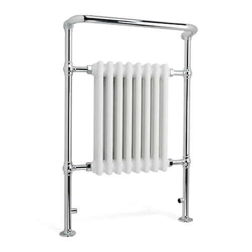 Image of iBathUK Ascot Traditional Floor Mounted Heated Towel Radiator with Wall Support, 8 Column Steel High Thermal Output Hydronic Central Heating, Curved Towel Rail in Chrome/Gloss White, 952 × 659mm