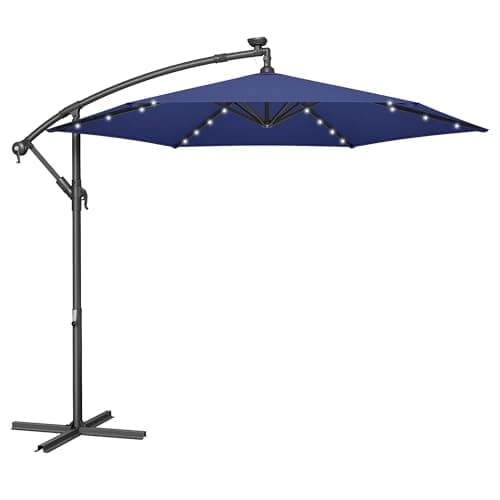 Image of SONGMICS Cantilever Garden Patio Parasol Umbrella with Base, 3m Offset Parasol, Banana Hanging Umbrella, Sunshade UPF 50+, Crank for Opening Closing, 32 Solar-Powered LED Lights, Navy Blue GPU118L01V1