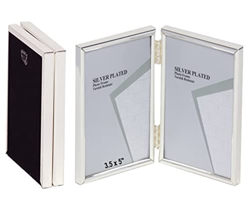 Image of 3.5 x 5-inch Silver Thin Edge DOUBLE PORTRAIT Photo Frames with hooks, can stand and hang - Velveteen Backing - Tarnish Resistant (3.5 x 5-inch)