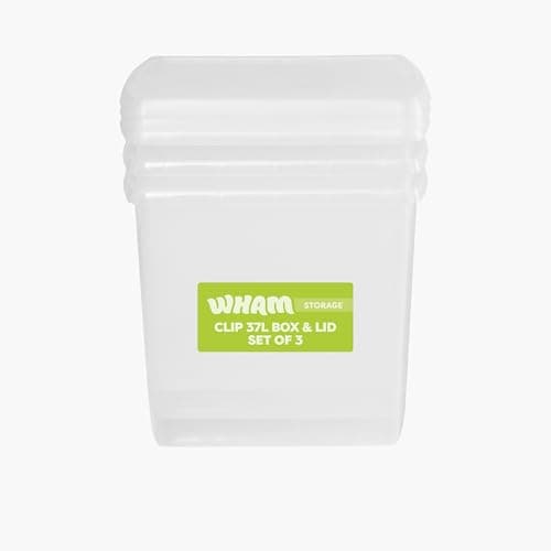 Image of Wham Clip 3 x 37L Square Stackable Plastic Storage Boxes with Lids | Ideal for Home, Office, Toys & More | Storage Containers with Clip Locks | Made in UK - Clear/Clear