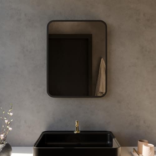 Image of Harper & Harlow Antila Wall Mounted Bathroom Vanity Mirror, 390x500mm, Rectangular with Rounded Edge Corners, Stylish Matt Black Frame, Landscape or Portrait, for Bathroom Bedroom Living Room