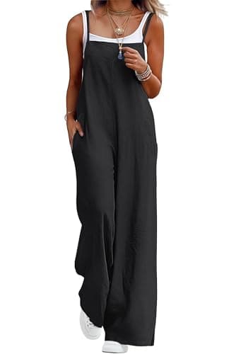Image of QIXING Dungarees for Women UK Summer Boho Casual Loose Wide Leg Jumpsuits Sleeveless Ladies Playsuits with Pockets(Black, S)