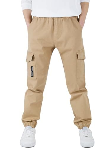 Image of CAMLAKEE Boys Trousers Cargo Pants Kids School Jogging Bottoms Casual Streewear with Elastic Cuffs Beige UK:12-13 Years (manufacturers's Size: 160)