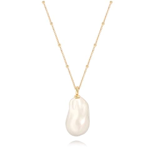 Image of Aobei Pearl Irregular Baroque White Simulated Pearl Pendant Gold Beads Station Necklace Big Shell Pearl Pendant Thin Satellite Chain Necklace for Women