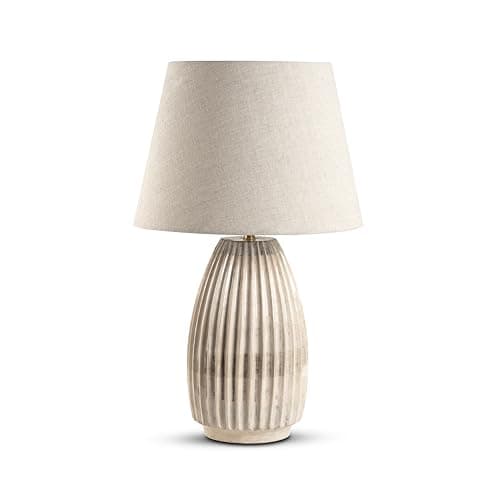 Image of Elm home and garden Living Room Bedroom Bedside Table Lamp Large Cream White Wash Wooden Fabric Shade Office, Nightstand, Entryway Lighting Decor Round 68cm High x 40cm Wide x 40cm Deep