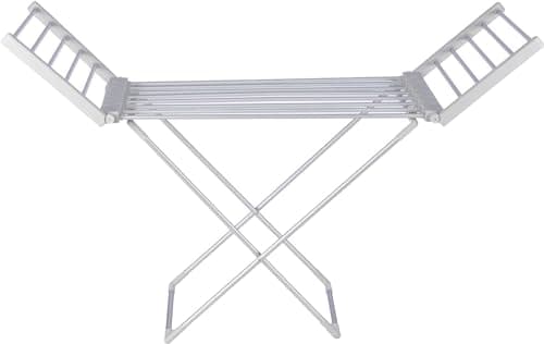 Image of MYLEK Heated Clothes Airer Rack Rail Foldable, Dryer 220W - Indoor Portable Free Standing Deluxe Eco Dry - Energy Efficient, Low Energy - Aluminium, Silver