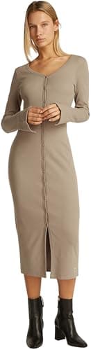 Image of Calvin Klein Women’s Woven Label Ribbed Dress with Button Placket, Beige (Taupe Gray), L