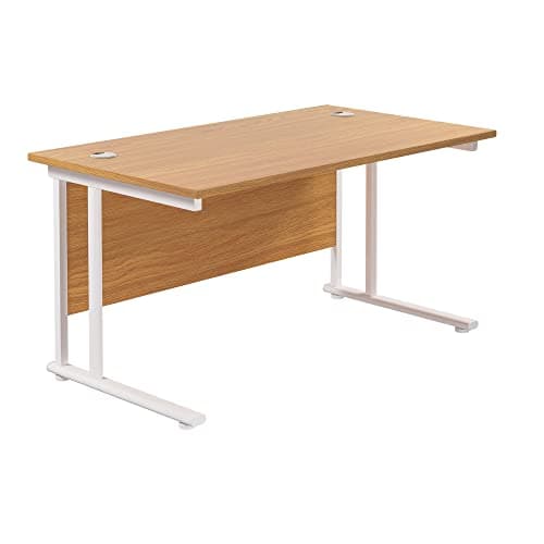 Image of Office Desk in Oak, Home Office Desk, Workstation, Cantilever Desk with Silver, White or Black Leg Frame (White Leg Frame, 140cm x 80cm)