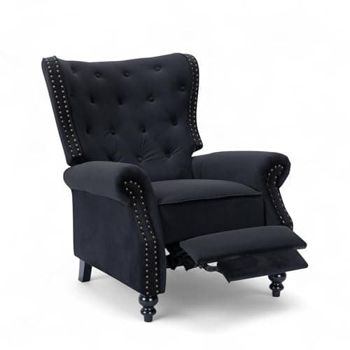 Image of Stunning Chairs Velvet Black Chesterfield Armchair – Wingback Recliner Chair with Wooden Legs, Fireside Chairs for Living Room & Elderly, High Wing Back Arm Chair with Buttoned Back, Studs Detail