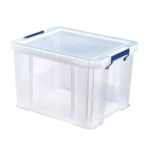 Image of BANKERS BOX 4x 36L Plastic Storage Boxes with Lids. ProStore Super Strong Stackable Plastic Storage Boxes (31.5 x 47.5 x 38cm), Made in the UK, Clear