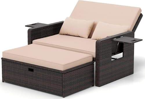 Image of UDPATIO Garden Patio Rattan Daybed, Rattan Bed Sun Lounger with Storage Ottoman & Retractable Side Tray,5-Level Adjustable Backrest,Seat & Back Cushion Included, Brown+Black & Cream Cushions Covers