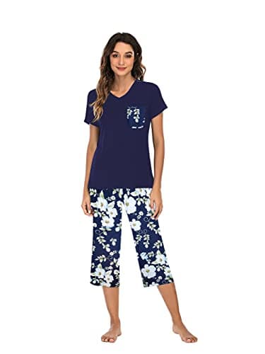 Image of Famulily Pyjamas women Ladies 3/4 Short pjs Summer Nightware Womens Floral Cotton Pyjamas Dark Blue XL