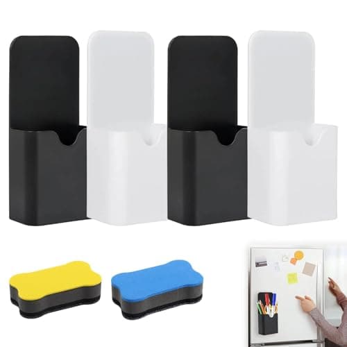 Image of Pownert 4 Pcs Magnetic Pen Holder 2 Pcs Magnetic Whiteboard Eraser Set, Whiteboard Pen Holder Suitable for Whiteboards, Fridges, Offices, Homes, Schools
