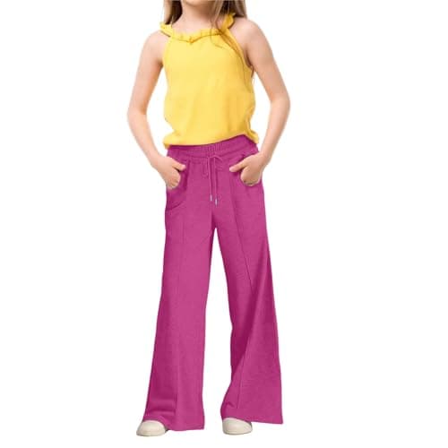 Image of Girls Wide Leg Joggers with Drawstring Kids Tracksuit Bottoms Elastic High Waist Straight Leg Baggy School Trousers Solid Color Oversized Sweatpants Pockets (1-Hot Pink, 6-7 Years)