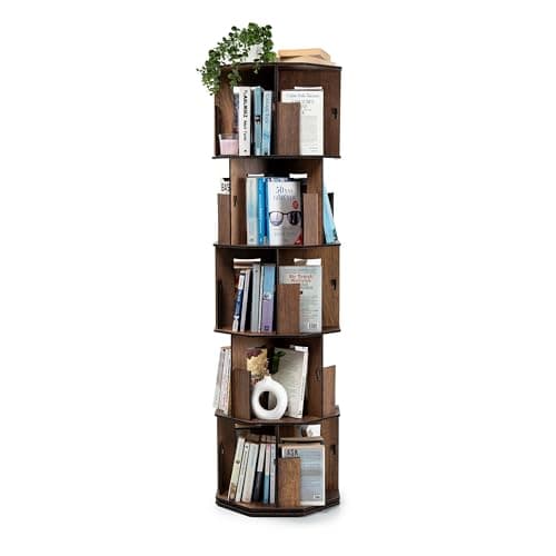 Image of vigowood Rotating Corner Bookshelf, 5-Tier Space-Saving Bookcase for Living Room, Bedroom & Home Office – Walnut
