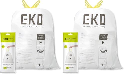 Image of EKO Size F Bin Liners For Kitchen Bins - 40-60 Litre Capacity - Extra Strong Bags with Drawstring Tie Handles - 12 Bags,White (Pack of 2)