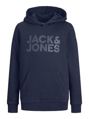 Image of JACK&JONES JUNIOR Boy's JJECORP LOGO SWEAT HOOD NOOS JNR Hooded Sweatshirt, Navy Blazer/Fit:JR/Large Print/W. Navy Blazer,