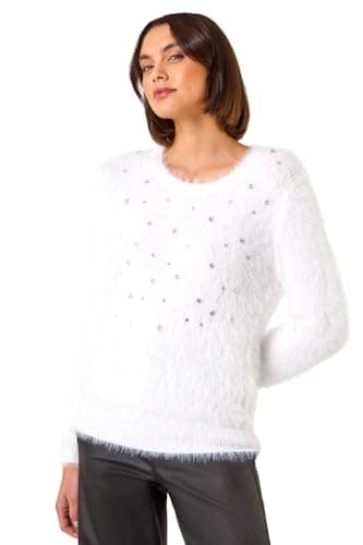 Image of Roman Originals Embellished Fluffy Knit Jumper for Women UK - Ladies Everyday Autumn Winter Round Neckline Comfy Soft Evening Vacation Work Party Night Out - Sparkly Ivory - Size 12