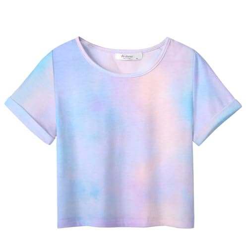 Image of Arshiner Girl's T-Shirts Tie-dye Kids Short Sleeve Tops Summer Fashion Printed Sport Casual Crew Neck Tee Shirt for Girls 7-8 Years Violet