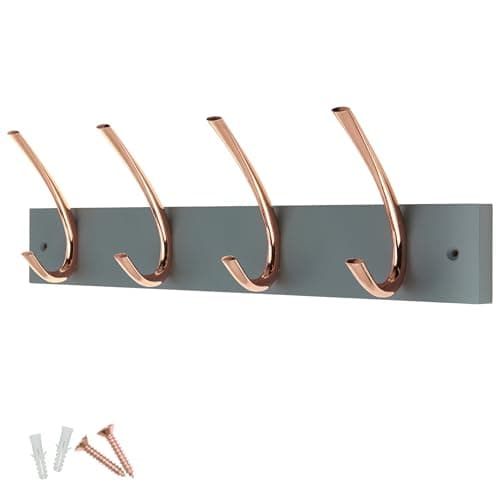 Image of keypak 4 Double Hook Coat Rack - Polished Copper on Grey Board - 46cm Wide - Wall Mounted Wooden Rack for Hats, Coats, Entryway & Bathroom Use