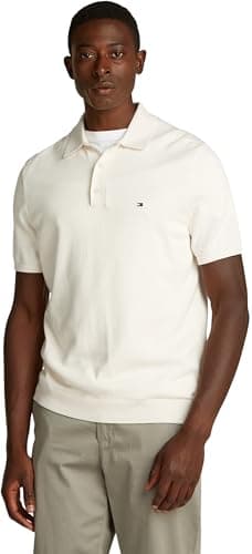 Image of Tommy Hilfiger Men’s Short Sleeve Essential Cotton Knitted Dick Polo Shirt, Off-White (Ivory Petal), XXL
