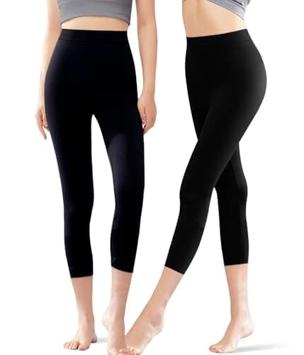 Image of POWER FLOWER 2-Pack Women's Cropped Cotton Leggings – 3/4 Length Black Leggings, Soft, Breathable & Comfortable Everyday Wear(9075-Black, L-XL)