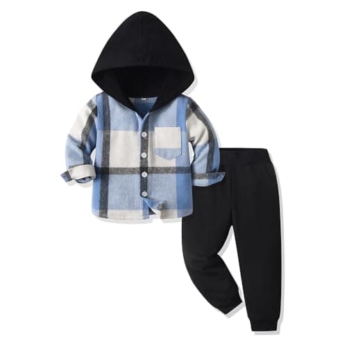 Image of Yanmucy Baby Boys Clothes Outfit 2PCS Cotton Plaid Toddler Boy Hoodies Shirt Tops +Pants Set Sweatsuit Suit Kids Tracksuit Spring Fall Winter Clothing Set (Blue, 3-4 Years)