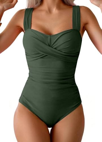 Image of CheChury Women One Piece Swimming Costume Tummy Control Slimming Swimwear Casual Cross Square Neck Bathing Suits Adjustable Wide Straps Ruched Vintage Modest Ladies Swimsuit,Olive Green,L