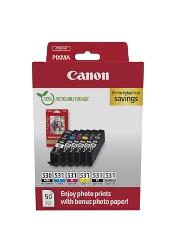 Image of Canon PGI-530 / CLI-531 Genuine Ink Cartridges, Pack of 6 (2 x Black, Cyan, Magenta, Yellow, Grey), Includes 50 Sheets of 4x6 Photo Paper - Compatible with PIXMA TS8750 / TS8751