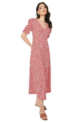 Image of Dorothy Perkins Red Ditsy V Neck Short Sleeve Jersey Midi Dress, 12, Red
