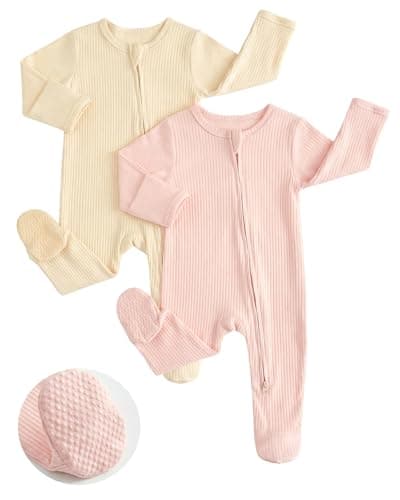 Image of JiAmy Baby Grows Sleepsuits 2 Pack, Tiny Baby 100% Cotton Two-Way Zip Long Sleeve Footed Pajamas with Mitten Cuffs Pink Beige 3-6 Months