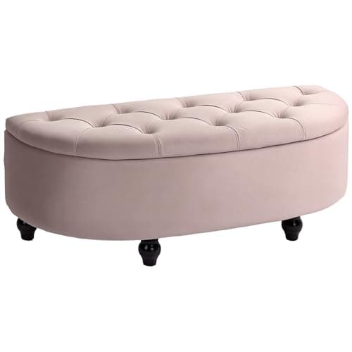 Image of HOMCOM Semi-Circle Ottoman Storage Bench, Bed End Bench, Tufted Upholstered Window Seat Footrest Stool with Rubberwood Legs for Bedroom & Entryway, 120 x 46 x 42 cm, Pink