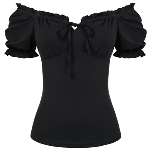 Image of SCARLET DARKNESS Women's Renaissance Puff Sleeves Blouse Medieval Square Neck Retro Ruffles Top Black M