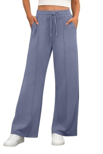 Image of PrinStory Trousers For Women Elasticated Waist Straight Leg Work Trousers Pull On Casual Drawstring Stretch Yoga Pants With Pockets (Haze Blue, L)