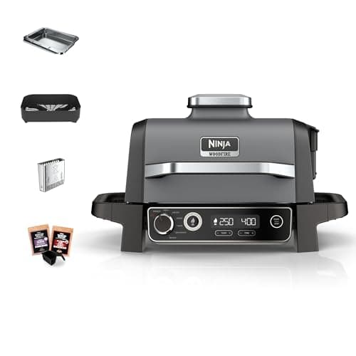 Image of Ninja Woodfire Electric BBQ Grill & Smoker, 7-in-1 Outdoor Grill & Air Fryer, Roast, Bake, Dehydrate, Uses Woodfire Pellets, Weather Resistant, Non-Stick, Portable, Electric, Grey/Black, OG701UK