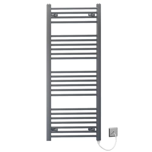 Image of 450mm Wide Anthracite Grey Flat Electric Pre-Filled Heated Towel Rail Radiator For Bathroom Designer UK (450 × 1200mm (h))