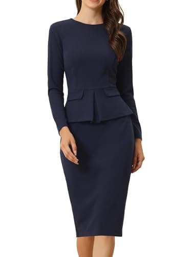 Image of Allegra K Women's Bodycon Dresses Round Neck Long Sleeve Casual Work Outfits Peplum Sheath Dress Navy Blue XL