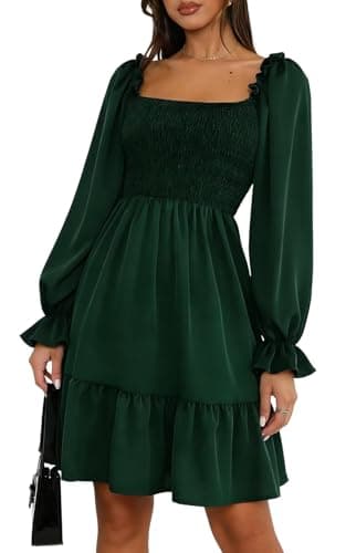 Image of Women's Causal Square Neck Dress Puff Sleeve Smocked A Line Swing Flowy Ruffle Babydoll Mini Dress Green L