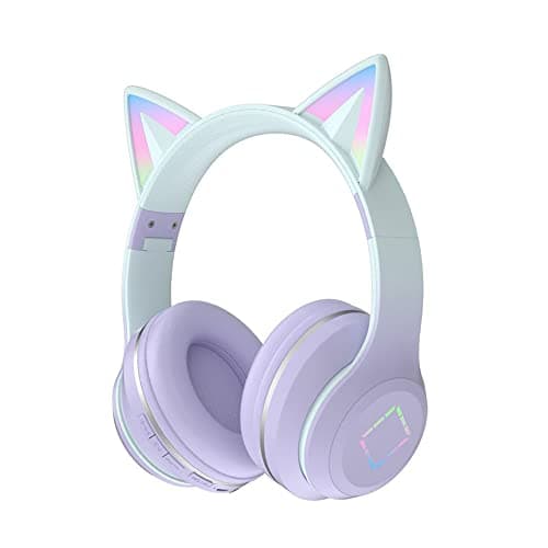 Image of Usoun Kids Headphones,Cat Ear Led Light Bluetooth Kids Headphones with Mic,Girls Headphone Wireless,TF Card,3.5mm Audio,Wireless/Wired Foldable Kid On Ear Headphone for Boys Girls Adults (Purple)