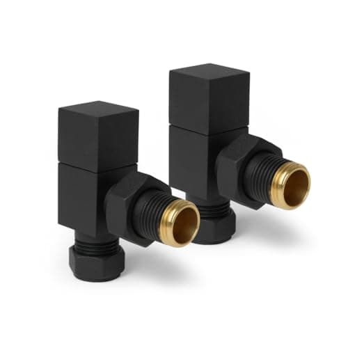 Image of Black Angled Radiator Valves Square Modern Radiator Valves Pair of 15mm x 1/2" (Set of 2) for Heated Towel Rails & Central Heating Radiators Black Radiator Valve Set