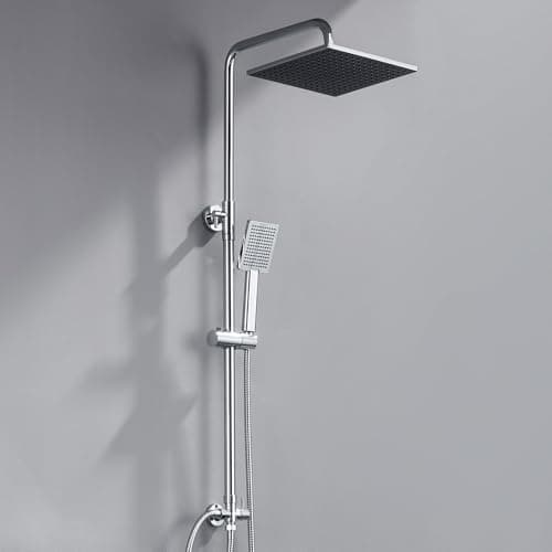 Image of DERW Adjustable Shower Riser Rail Kit with 10" Square Rainfall Shower Head, Handheld Shower with Rotating Bracket, Shower Set without Mixer, Anti-Leak Hose,Easy Install, Suitable for Bathrooms(Chrome)