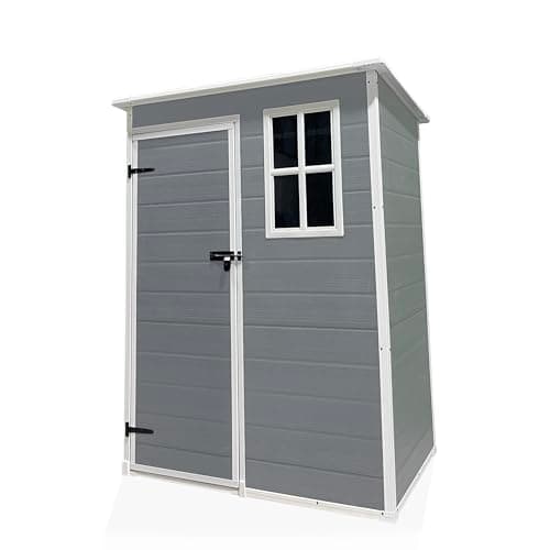 Image of Garden Universe Plastic Garden Shed 5' x 3' Pent Roof Storage Box Grey Garden Shed with Floor Bike Storage Outdoor Storage Weather-Resistant Grey Garden Storage PS02