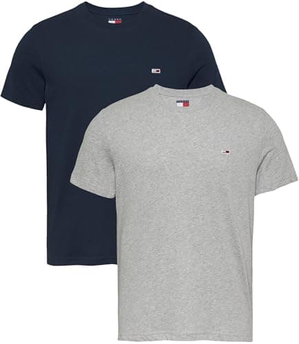 Image of Tommy Jeans Men’s 2 Pack Extra Slim Cotton Jersey Short Sleeve T-Shirts, Multicolor (Grey HTR/Dark Night Navy), 2XL