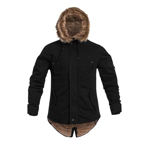 Image of Military Wear Fish Tail Parka Winter Jacket Men's Black L | Long Warm Coat with Fur Hood | 6 Pockets | 75% Cotton | Insulated Military Parka Black | Tactical Casual Style | Cold Weather Protection