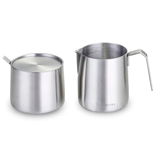 Image of Easyworkz Stainless Steel Sugar Bowl and Creamer Set, with Spoon and Anti-Drip Spout, Stackable Design, Brushed Silver