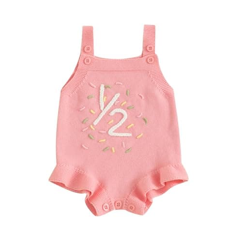 Image of Qianderer Baby Girl Sleeveless Knit Romper Half and One Birthday Outfit Onesie Cute Baby Girl Summer Clothes Infant Cake Smash Outfit (A Pink Half Birthday, 6-12 Months)