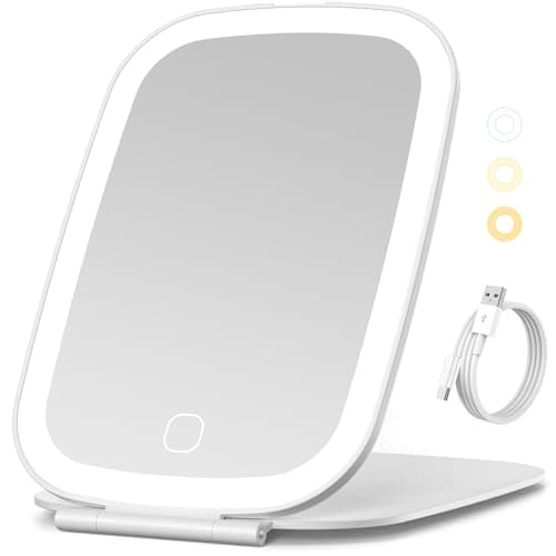 Image of NEZZOE Folding Travel Mirror with Lights, Rechargeable Portable Light Up Mirror, Small LED Makeup Mirror, 3 Color Lighting, Touch Screen, Ultra Thin, 19x13 cm